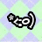 Pixelated black and white icon with abstract curved shapes on a light green and blue gradient background.