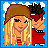 Pixel art contact sheet showing two animated frames of a cartoon couple with text "ME ~N~ MY MAN" on the right frame.