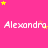 Pink background with repeated white text 'Alexandra' and scattered yellow and pink stars.