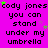 A static image with a bright pink background displays repeated text in black pixelated font, including "cody jones" and "you can stand under my umbrella," interspersed with small green star shapes.