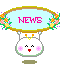 Four-frame animated contact sheet showing a pixel-art character with changing facial expressions beneath an oval banner reading 'NEWS' in pink text, surrounded by floral decorations and suspended from yellow antennae-like structures.