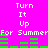 Pixelated text and green bars on a bright pink background, repeating 'Turn It Up For Summer' with animated bar changes.