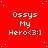 Red background with white pixelated text reading "Ossys My Hero<3:1" repeated in a pattern, scattered white dots resembling stars