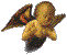 Pixelated angel icon with golden skin and dark wings, shown in two sequential poses against a gray background.