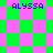 Pixelated image with four instances of the text 'ALYSSA' in blue, set against a green and pink checkered background that shifts from square to diamond pattern.