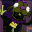 Animated cartoon character with green skin, purple hair, and large white eyes making hand gestures against a dark background.