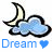 Pixelated icon with crescent moon and cloud, blue text 'Dream' followed by heart symbol; two versions show color variations in the heart.
