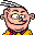 Pixelated cartoon character with pink skin, black hair, yellow shirt, purple bow tie, and wide eyes on gray background.