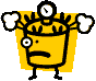 Yellow cartoon character with clock head, single eye, and angry expression; arms alternate between raised fists and lowered position against yellow background.