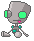 Pixelated gray alien-like figure with large green eyes, pink mouth, and teal accents on limbs against solid light gray background.