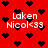 Red background with black heart shapes and white text reading "Laken Nicol<33" in four positions, showing pixel changes between frames.