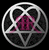 Circular icon with silver geometric frame enclosing dark interior and central pink symbol on black background.