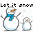 Pixelated snowman icon with blue scarf and orange carrot nose, two snowmen side-by-side under "Let it Snow" text on white background.