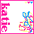 Pixelated icon with vertical pink text 'Katie' on left, colorful abstract shapes on right, and three small colored squares at top-right corner.