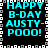 Pixelated cyan text on black background with white and gray border, reading "HAPPY B-DAY AUSTY-POOO!" in four identical quadrants.