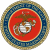 Circular military emblem with red center, blue and gold rings, eagle globe and anchor symbol on left; green text 'Original Icons .com' on right.