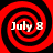 Four identical red and black spiral patterns with white text reading "July 8" in the center of each spiral.