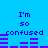 Blue background with repeated text 'I'm so confused' and purple audio waveforms in two