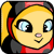 Pixelated cartoon-style icon of a yellow-skinned character with large blue eyes, black eyelashes, and a small pink nose, wearing red clothing and a dark gray headpiece with red accents.