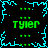Pixelated green text 'Tyler' appears four times on a black background with cyan lightning-like borders, each instance surrounded by small green dots.