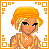 A 6-frame animated contact sheet showing a pixel art character in orange tones with various poses, symbols, and text elements arranged in a 3x2 grid.