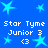 Blue background with light blue stars and white text reading "Star Tyme Junior 3" and "<3" in pixelated font.