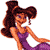 Pixelated character with long brown hair in a high ponytail, wearing a purple sleeveless dress, smiling with eyes closed, arms extended to the sides.