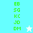 Green pixelated text labels EB, SG, KC, JD, DM appear on light blue and white backgrounds with a small star icon changing color.
