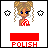 Pixel art contact sheet showing two frames of an animated buddy icon featuring a cartoon woman with blonde pigtails, blue eyes, and red-and-white checkered top, with star symbols changing from black outlines to solid red between frames.
