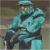 Pixelated static image of a teal-armored figure in profile with dark visor, holding an object against blurred background.