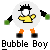 Pixelated character with spiky black hair, yellow shirt, orange pants, green hands, and black shoes on a gray background.