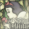 Pixelated stained-glass-style icon of a woman with dark hair and red bow holding a red apple, with 'Snow White' text below.