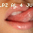 Pixelated close-up of lips with visible teeth, overlaid text fragments on a brownish background.
