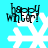 A static image shows four identical white snowflakes on a cyan background with black text reading "happy wintery!" above each one.