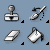 Pixelated icons of office tools and Adobe software logos on a blue background with text labels beneath each icon.