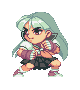 Pixel art character with light green hair in various poses, wearing white shirt and black skirt, holding brown object.
