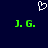 A dark blue background features a white pixelated heart symbol above two identical green text strings reading "J.G.".