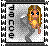 Pixelated static buddy icon featuring a cartoon character with long hair and blue eyes, standing next to vertical text on the left side of the frame.