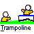 Pixelated yellow figure with white head performs actions on blue trampoline over green grass, text "Trampoline" below each frame.