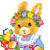Pixelated cartoon animal with large ears, wearing a flower crown and holding a bouquet of flowers.