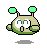 Pixel art character with green antennae and beige body showing multiple expressions including open mouth, blushing cheeks, closed eyes, and side views.