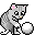 A 3x3 contact sheet of pixel art frames showing a gray tabby cat with pink ears interacting with white balls, arranged left-to-right top-to-bottom in animation sequence.