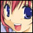 A 48x48 pixel buddy icon featuring a close-up of an anime-style character's face on the left and text elements on the right against a black background.