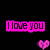 Six pixelated text phrases in different languages expressing 'I love you' appear above corresponding colored hearts on a black background.