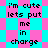 Pixelated text 'i'm cute lets put me in charge' repeats across cyan and pink diamond-patterned background in animated sequence.