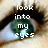 A close-up of a green eye with visible text overlays in pixelated font across three