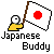 Pixelated character in yellow shirt holds Japanese flag with red circle on white background, text below reads 'Japanese Buddy' in blocky font.