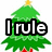 Pixelated green Christmas tree with yellow star, red base, and "I rule" text overlay on left tree; right tree lacks text; bottom tree is full view without text or partial cutout.