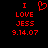 Red pixelated text and a heart symbol on black background, with identical static frames showing 'I LOVE JESS 9.14.07' in two