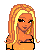 Pixel art character with blonde hair in orange crop top and blue denim skirt, showing full body, torso, head, and legs with pink text reading 'This Machine Is Broken So Fuck Yourself And Save A Quarter'